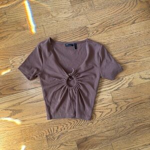 Brown ribbed short sleeve cropped top